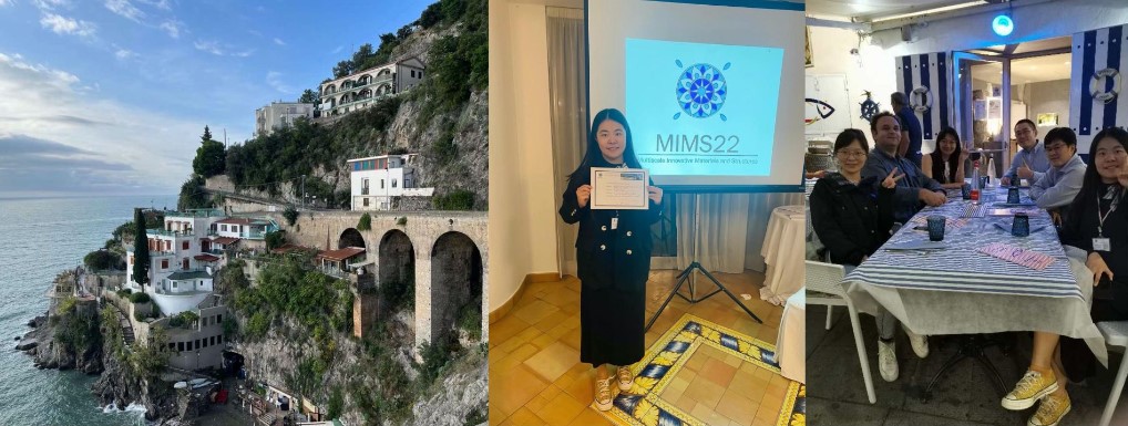 A collage of photos showing the Amalfi coast and BCI students winning their award at the MIMS22 event