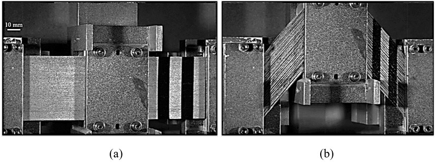 The bespoke in-plane shear test fixture used for shear deformation of a specimen. The image shows the specimen before (a) and after (b) shear deformation. 